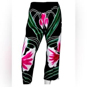 Hand Painted on Black Multi Colored Floral Print Lounge Pants 3XL